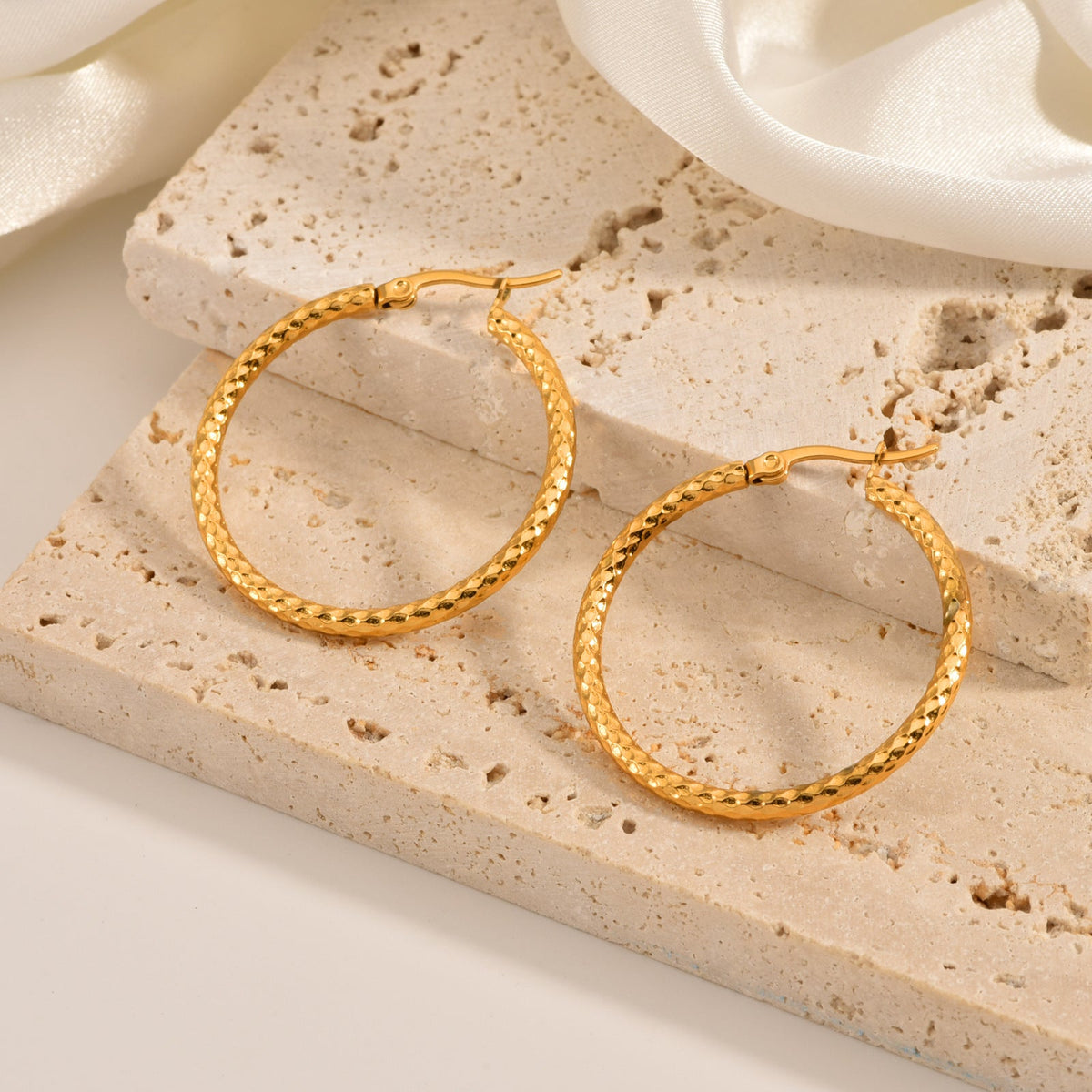 18K Gold Emboss Round Earrings | Titanium Steel Fashion OL