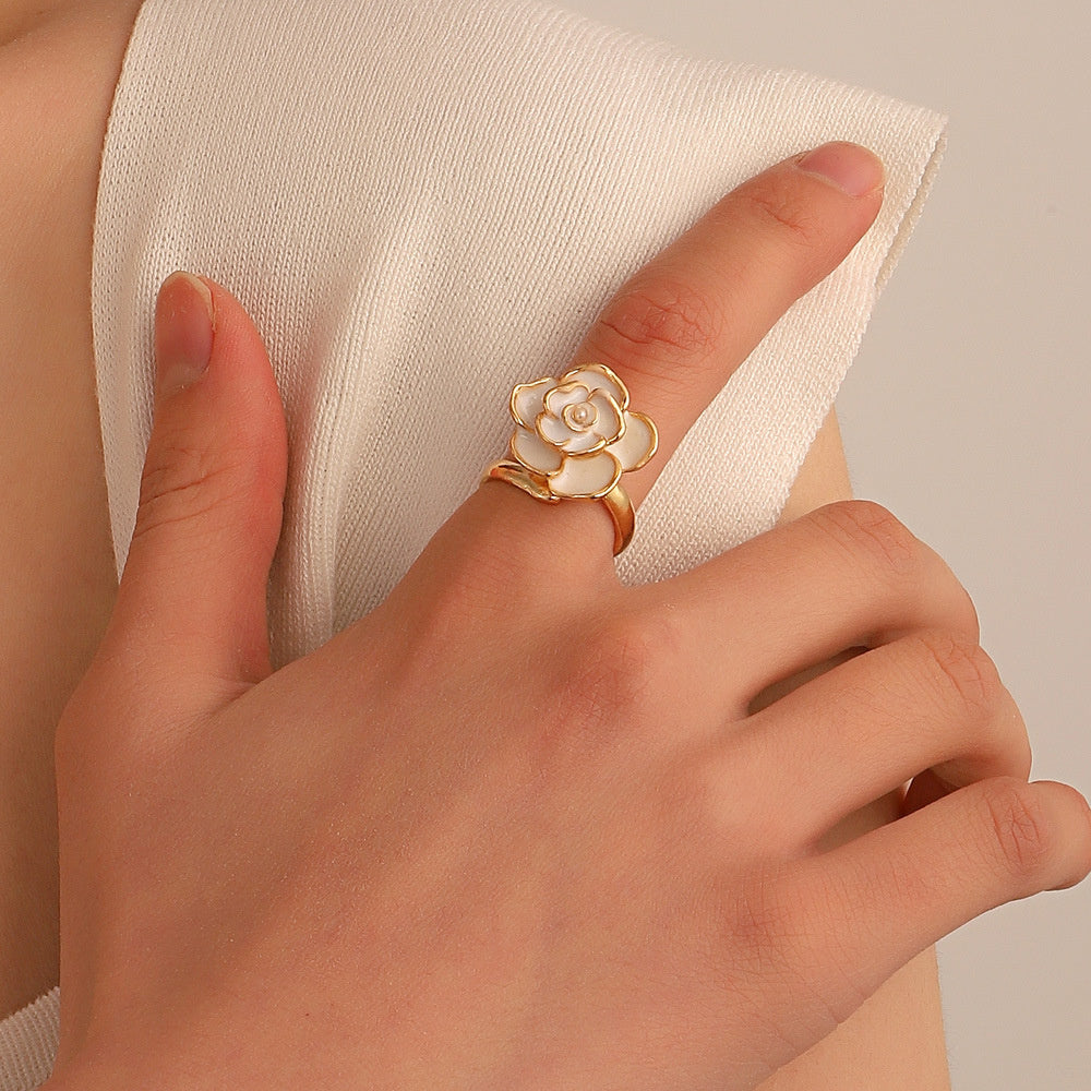 Vintage White Camellia Ring | French Light Luxury Alloy Women's