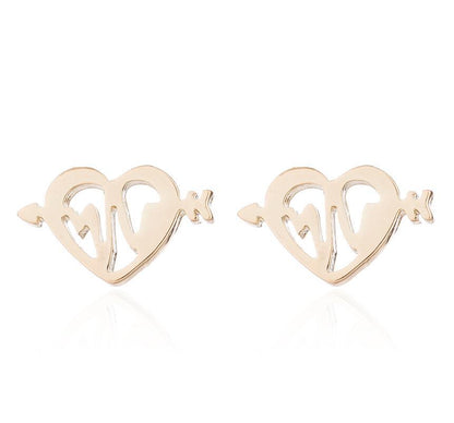 Arrow Through Heart Stud Earrings | Stainless Steel Gold Black Silver Rose