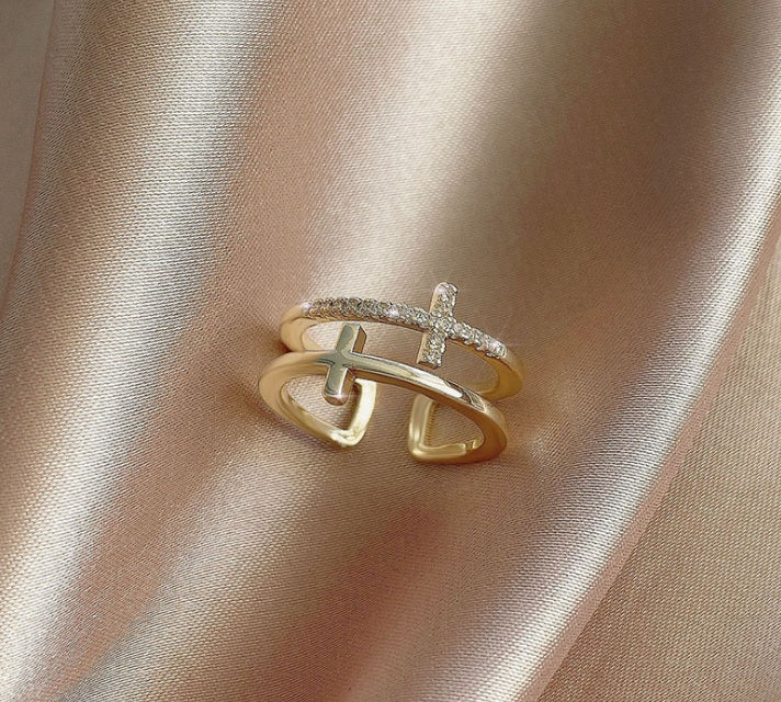 Double Cross Zircon Open Ring | Copper Women's Adjustable