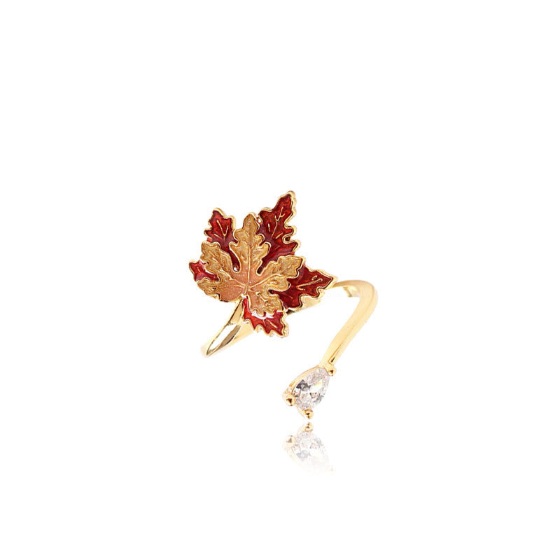 18K Gold Enamel Maple Leaf Ring | Drop Glaze Nature-Inspired