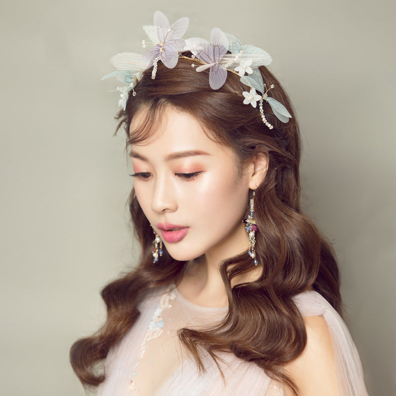 Bridal Wings Hair Band Set | Cloth Korean Purple with Earrings