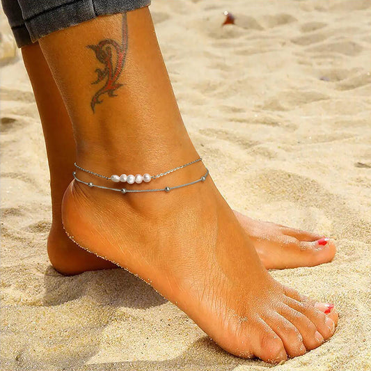 Pearl Double Chain Anklet | 14K Gold White Gold 22+5cm