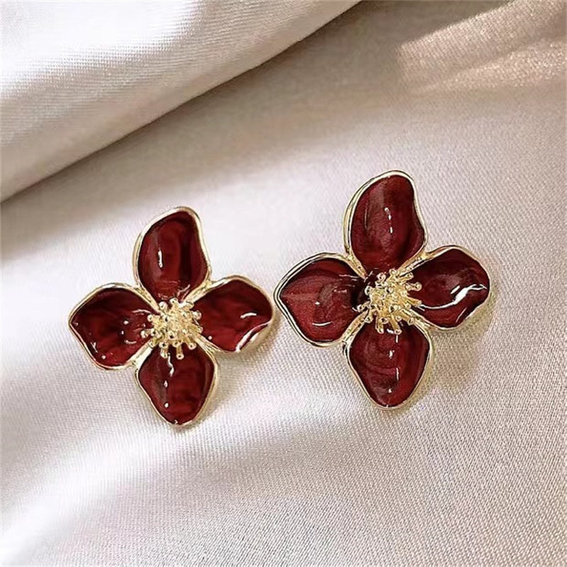 3D Flower Oil Drop Earrings | Metal White Red Green Floral