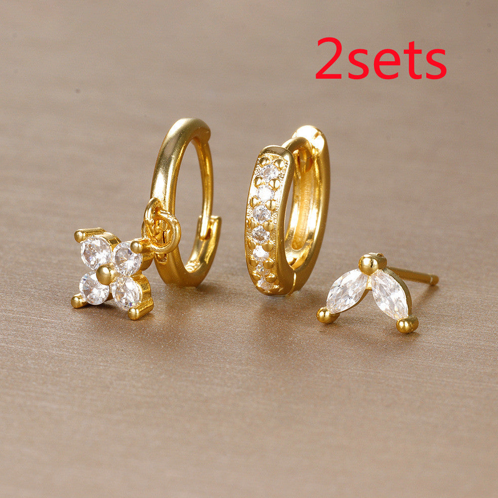 Flower Diamond Stacked Earring Set | Copper INS Gold Silver
