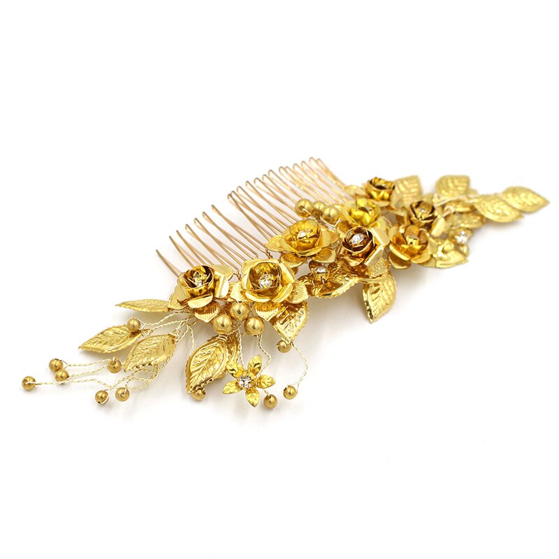 Brass Pearl Crystal Bridal Hair Comb | Copper Flower Gold 18cm