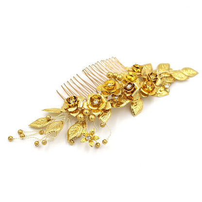 Brass Pearl Crystal Bridal Hair Comb | Copper Flower Gold 18cm