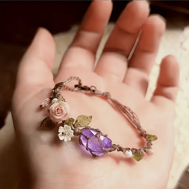 Vintage Amethyst Floral Crystal Adjustable Bangle for Women | Gift