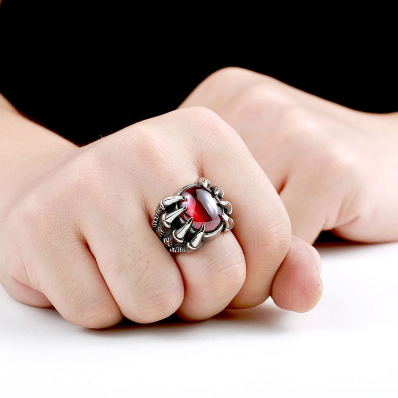 Men's Vintage Zircon Inlaid Stainless Steel Ring | Ruby and Black Agate