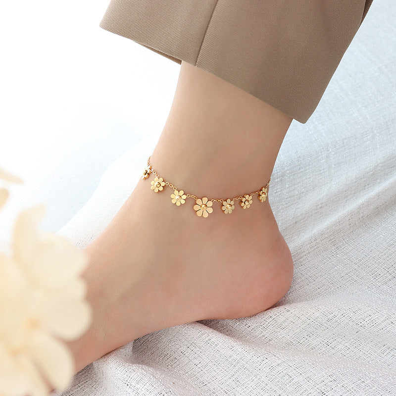 18K Titanium Steel Flower Anklet | European Style 20+5cm