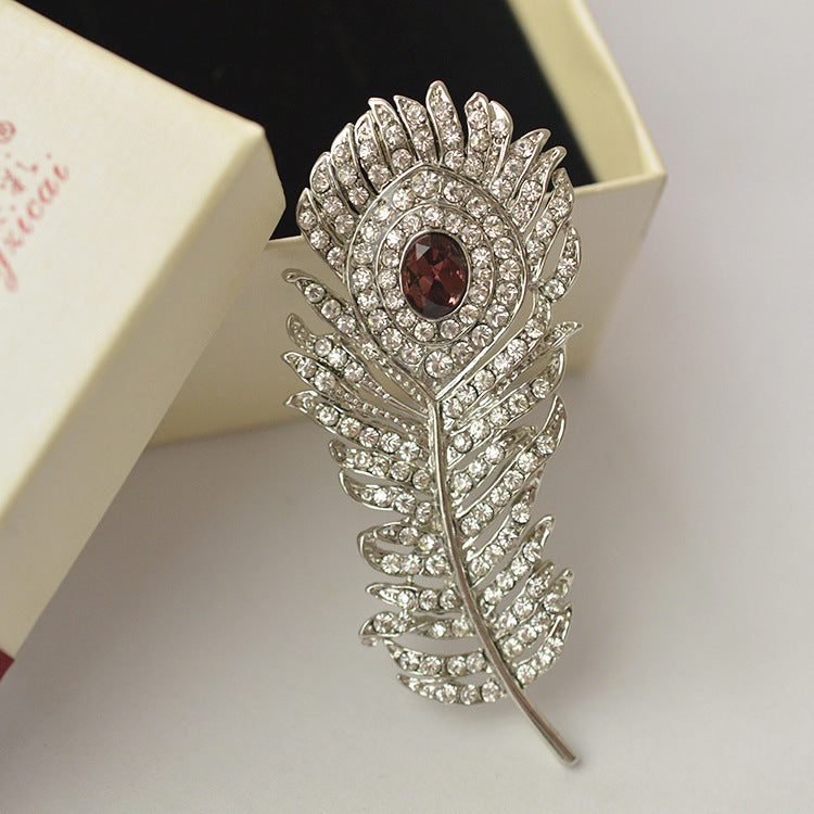 Diamond Feather Brooch | Alloy Gold Gem Inlay Retro Unisex