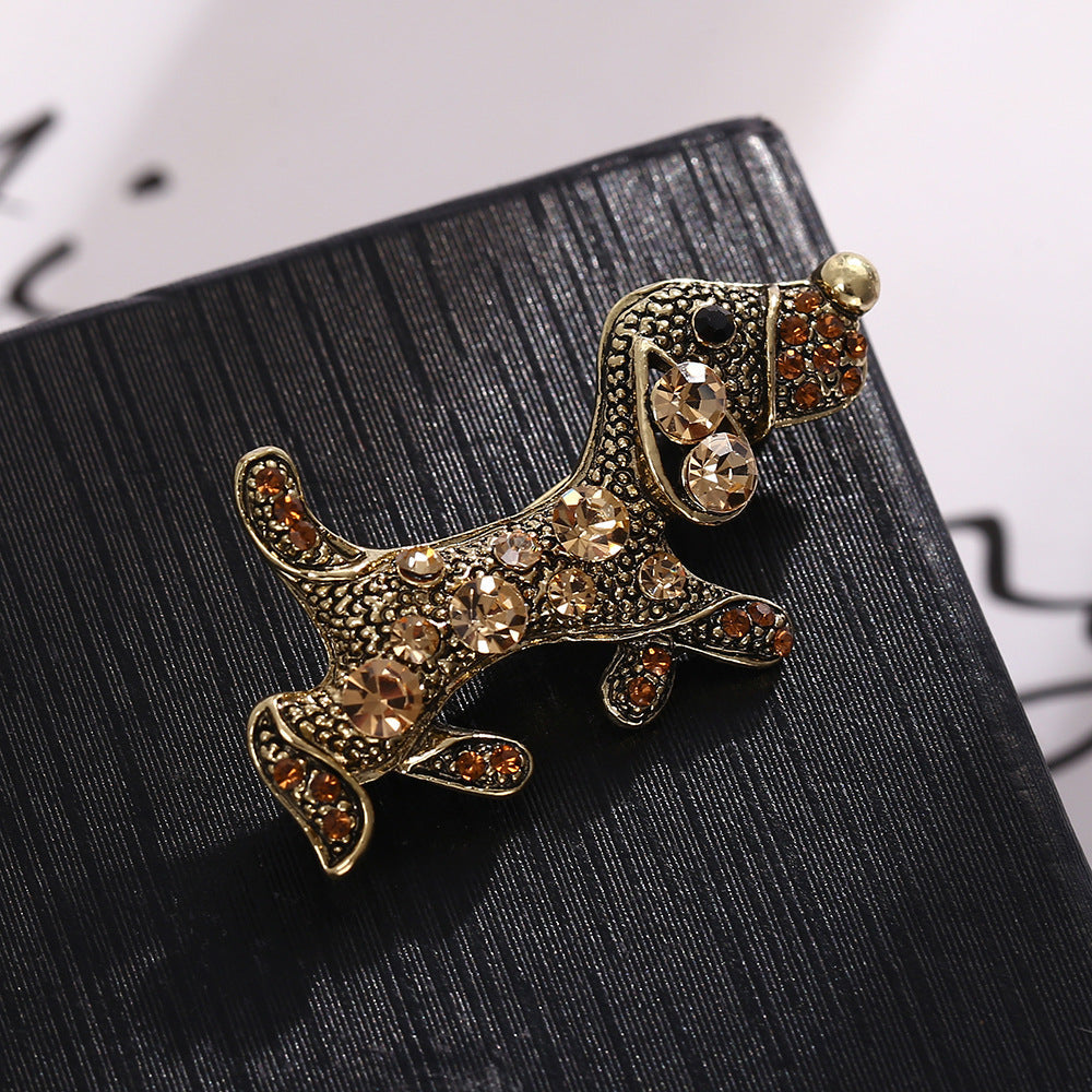 Niche Puppy Brooch | Alloy Diamond Inlay Gold Dark Gray 4.2cm