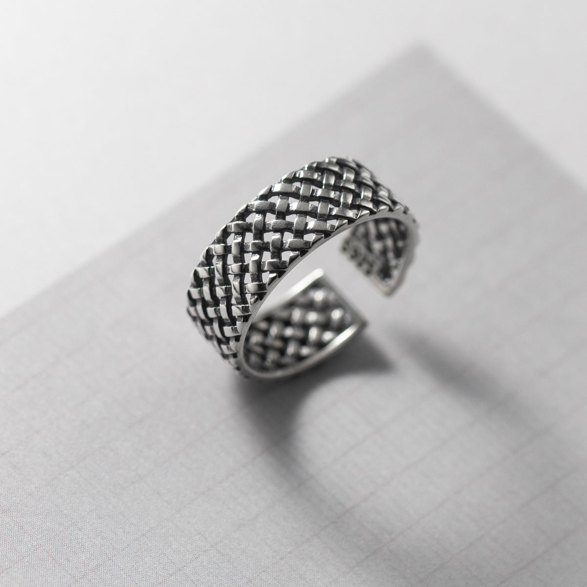 S925 Sterling Silver Plaid Woven Wide Band Ring | Adjustable Women's
