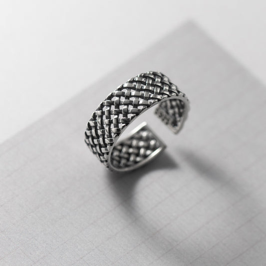 S925 Sterling Silver Plaid Woven Wide Band Ring | Adjustable Women's