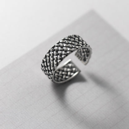 S925 Sterling Silver Plaid Woven Wide Band Ring | Adjustable Women's