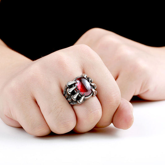 Men's Vintage Zircon Inlaid Stainless Steel Ring | Ruby and Black Agate