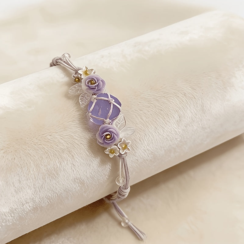 Purple Camellia Double-Tone Handwoven Crystal Bracelet | Light Luxury