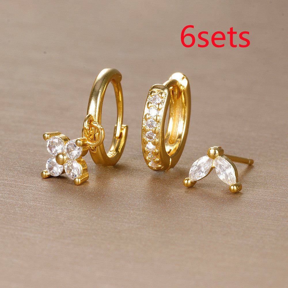 Flower Diamond Stacked Earring Set | Copper INS Gold Silver