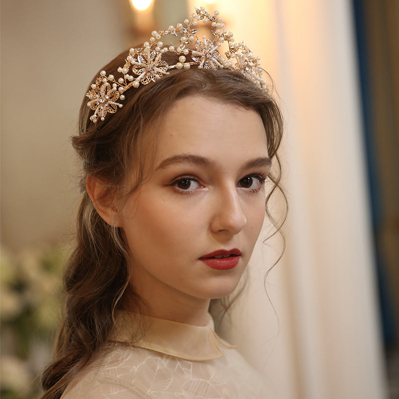 Bridal Pearl Crystal Crown Headdress | KC Gold Manual Crafted