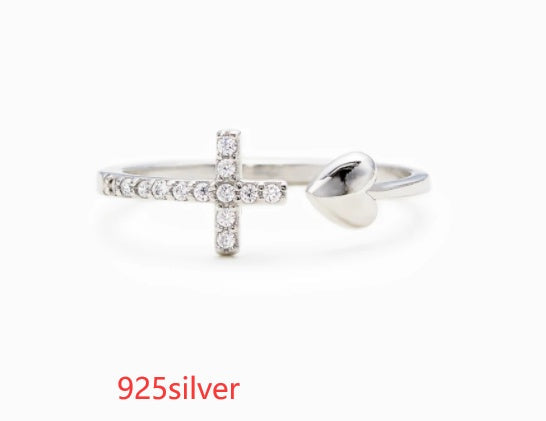 S925 Sterling Silver Love Cross Open Ring | Women's Adjustable