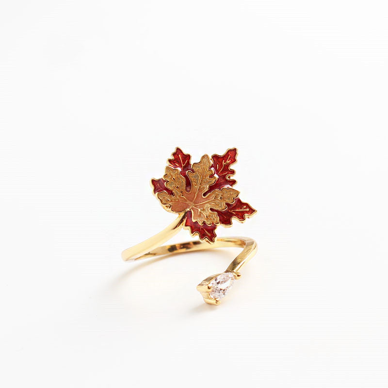18K Gold Enamel Maple Leaf Ring | Drop Glaze Nature-Inspired