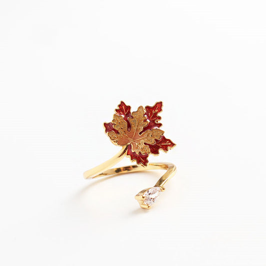 18K Gold Enamel Maple Leaf Ring | Drop Glaze Nature-Inspired