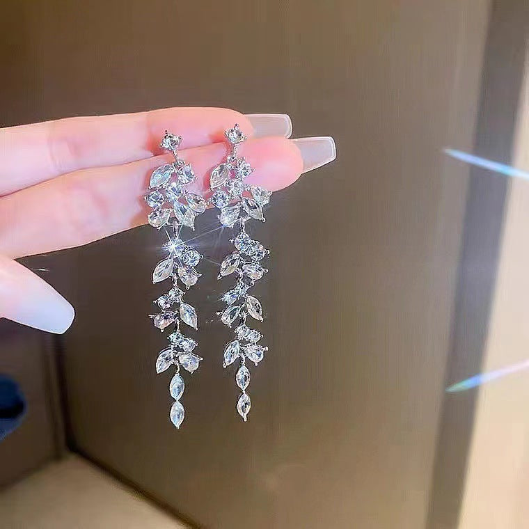 Crystal Diamond Leaf Tassel Earrings | Silver Needle Alloy Natural