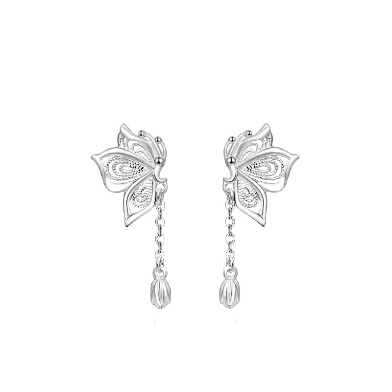 S999 Silver Butterfly Tassel Earrings | Sweet Korean Style Sterling
