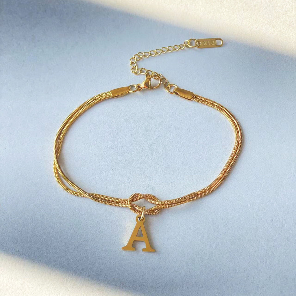 Initial Letter Love Knot Bracelet for Women | Gold Snake Chain