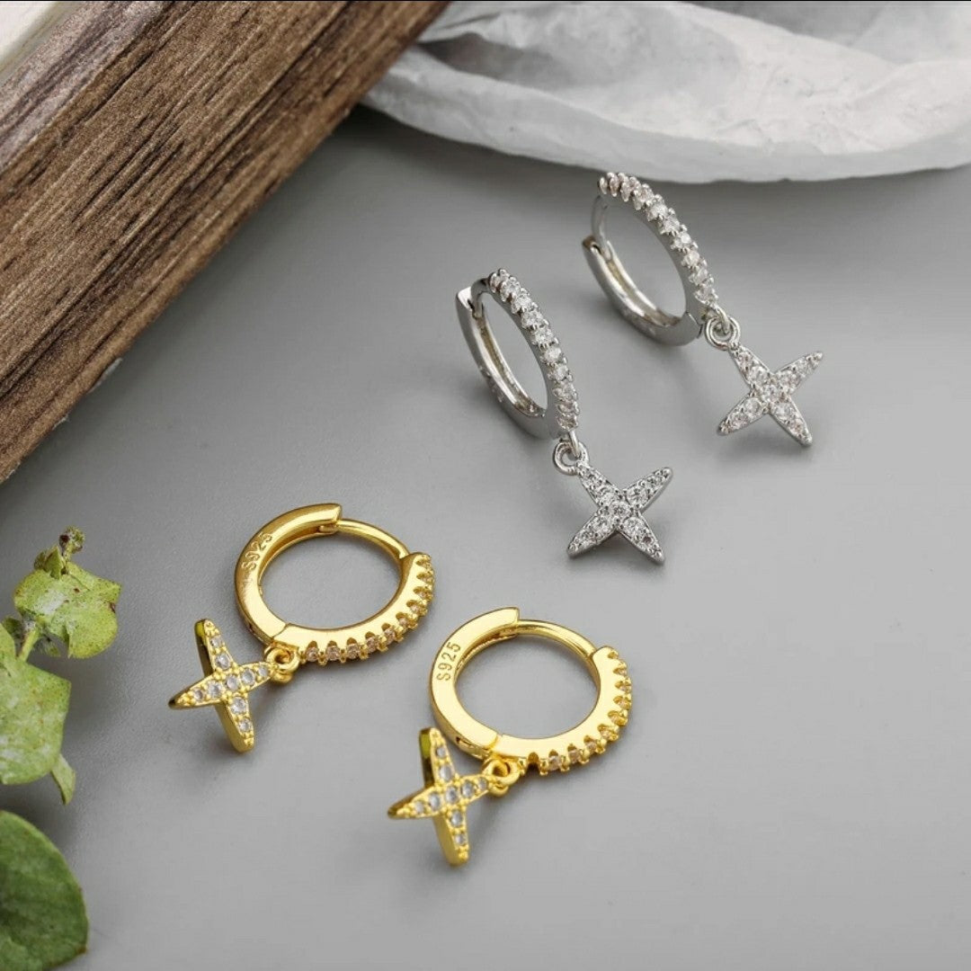 925 Silver Diamond Star Earrings | Gold Silver K-Gold Gem Inlay