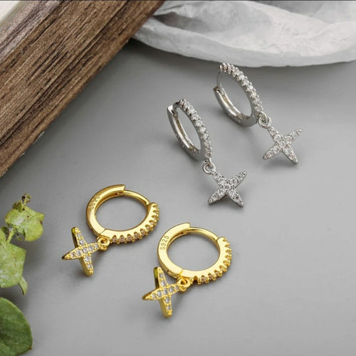 925 Silver Diamond Star Earrings | Gold Silver K-Gold Gem Inlay