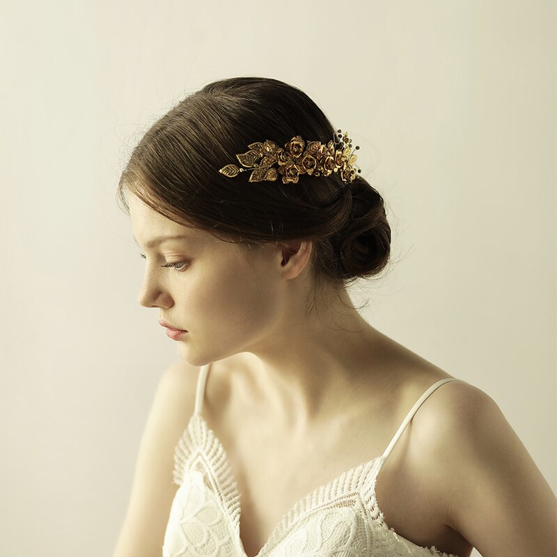 Brass Pearl Crystal Bridal Hair Comb | Copper Flower Gold 18cm