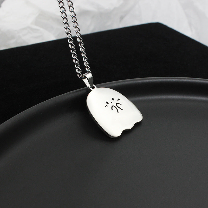 Cute Ghost and Cat Pendant Necklace in Stainless Steel