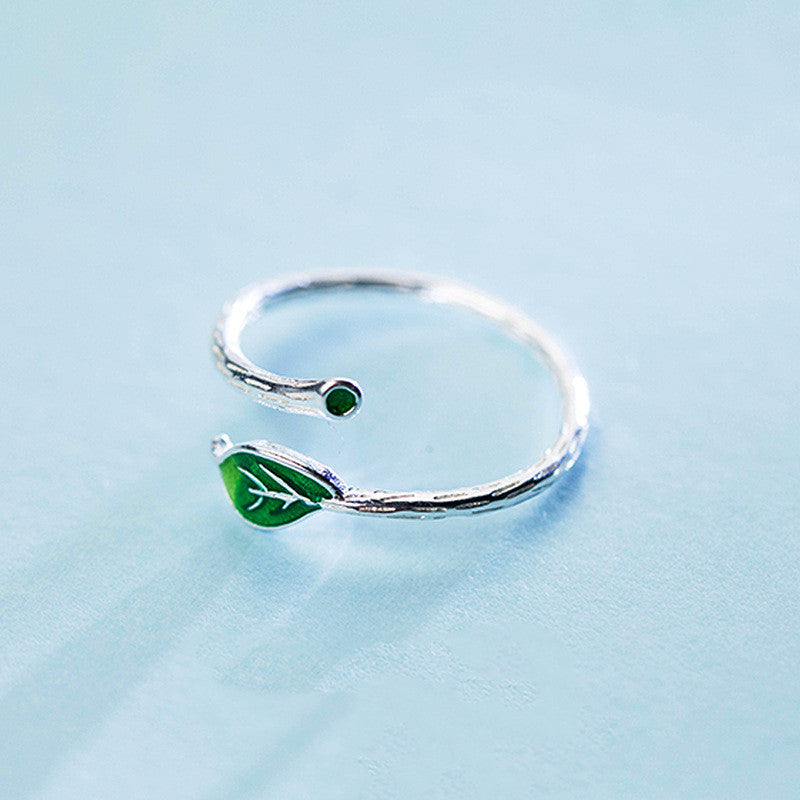 Green Leaf Branch Open Ring | Copper Korean Style Women's