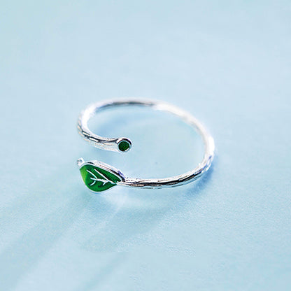 Green Leaf Branch Open Ring | Copper Korean Style Women's