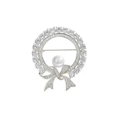 Rhinestone Bow Pearl Brooch | Alloy Korean Gold Silver Dual-Use