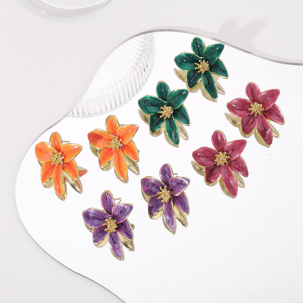 Vintage Enamel Flower Stud Earrings | Alloy Oil Drop Purple Green Wine Orange
