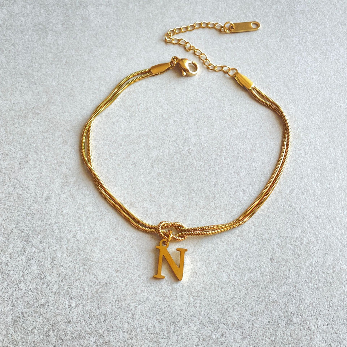 Initial Letter Love Knot Bracelet for Women | Gold Snake Chain