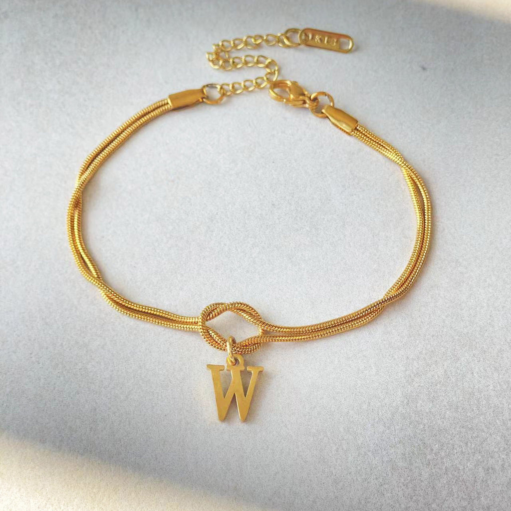 Initial Letter Love Knot Bracelet for Women | Gold Snake Chain