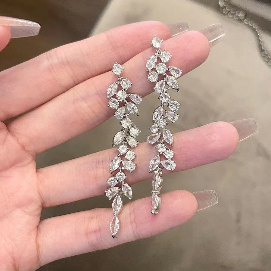 Crystal Diamond Leaf Tassel Earrings | Silver Needle Alloy Natural