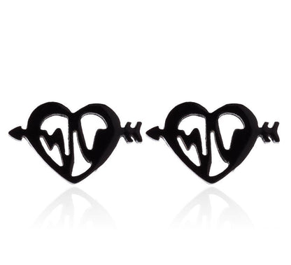 Arrow Through Heart Stud Earrings | Stainless Steel Gold Black Silver Rose