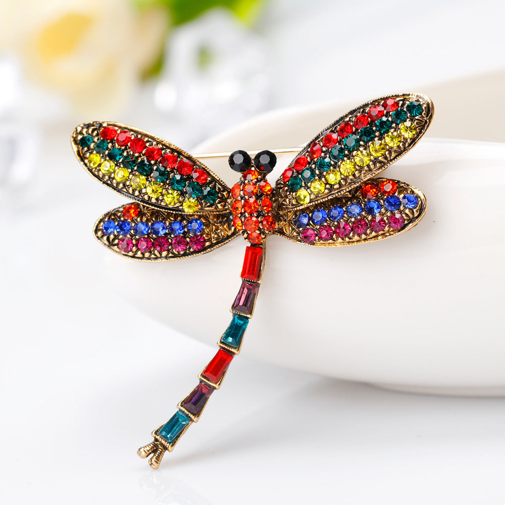 Retro Diamond Dragonfly Brooch | Alloy Rhinestone Gold 4.6cm