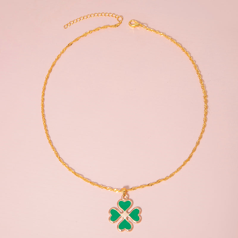 Green Enamel Four Leaf Clover Pendant Necklace for Women