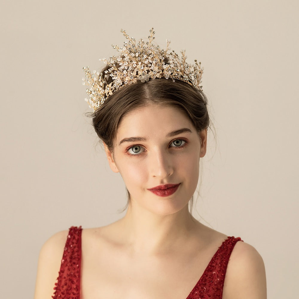 Multi-Layer Rice Bead Crown Headwear | Alloy Diamond Gold Bridal