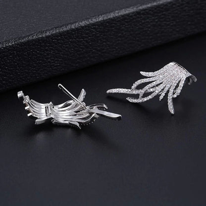 Feather Ear Clip Zircon Earrings | Copper Inlaid Gold Silver
