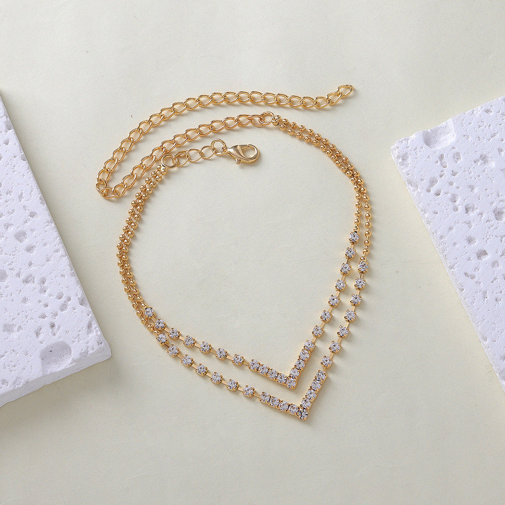 Double-Layer Rhinestone Anklet | Crystal Geometric Gold Silver Beach