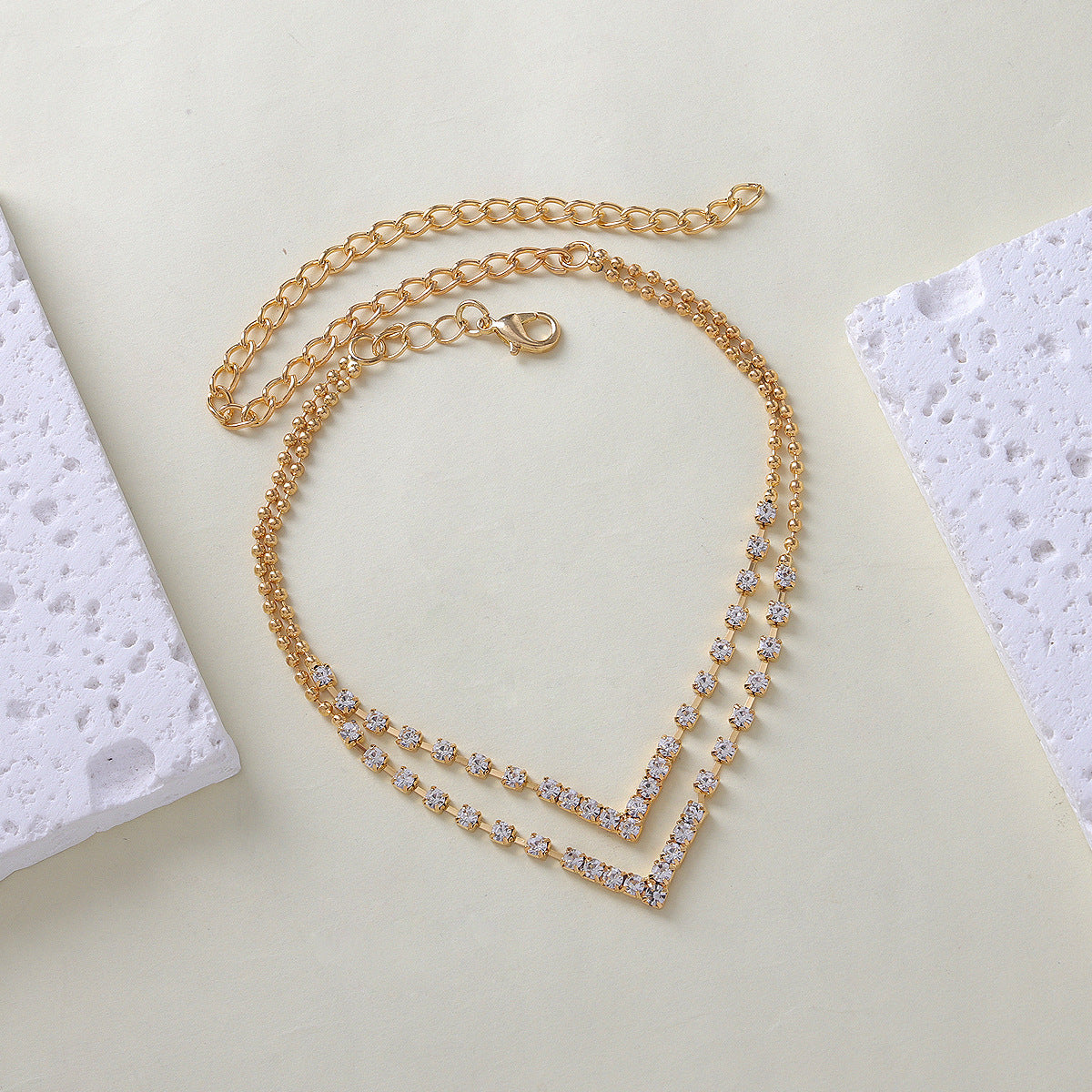 Double-Layer Rhinestone Anklet | Crystal Geometric Gold Silver Beach