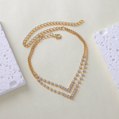 Double-Layer Rhinestone Anklet | Crystal Geometric Gold Silver Beach