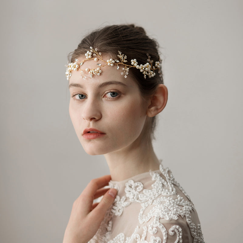 Pearl Flower Wedding Headband | Imitation Pearl Sweet Gold