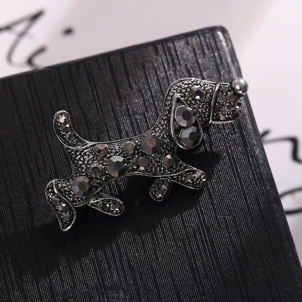 Niche Puppy Brooch | Alloy Diamond Inlay Gold Dark Gray 4.2cm